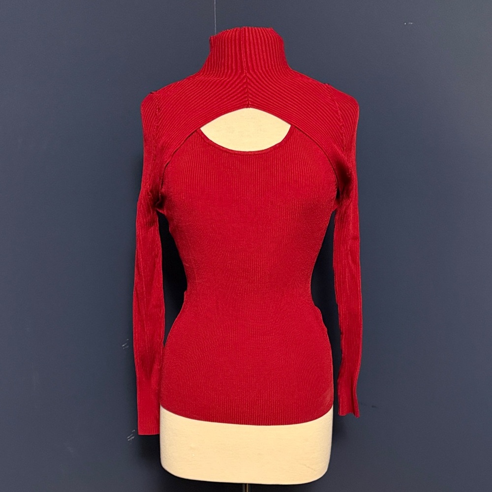 White House Black Market Red Ribbed Cutout Turtleneck Sweater